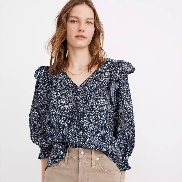 Madewell V-Neck Ruffle-Shoulder Top in Paisley Garden Size Medium - Picture 1 of 5